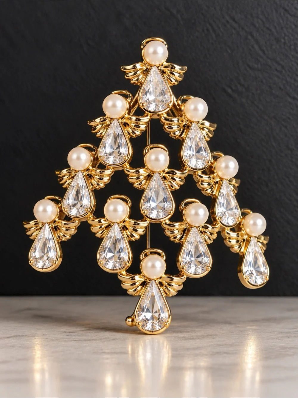 Vintage Nina Ricci NR Angel Christmas Tree Brooch Pearl Rhinestone Holiday